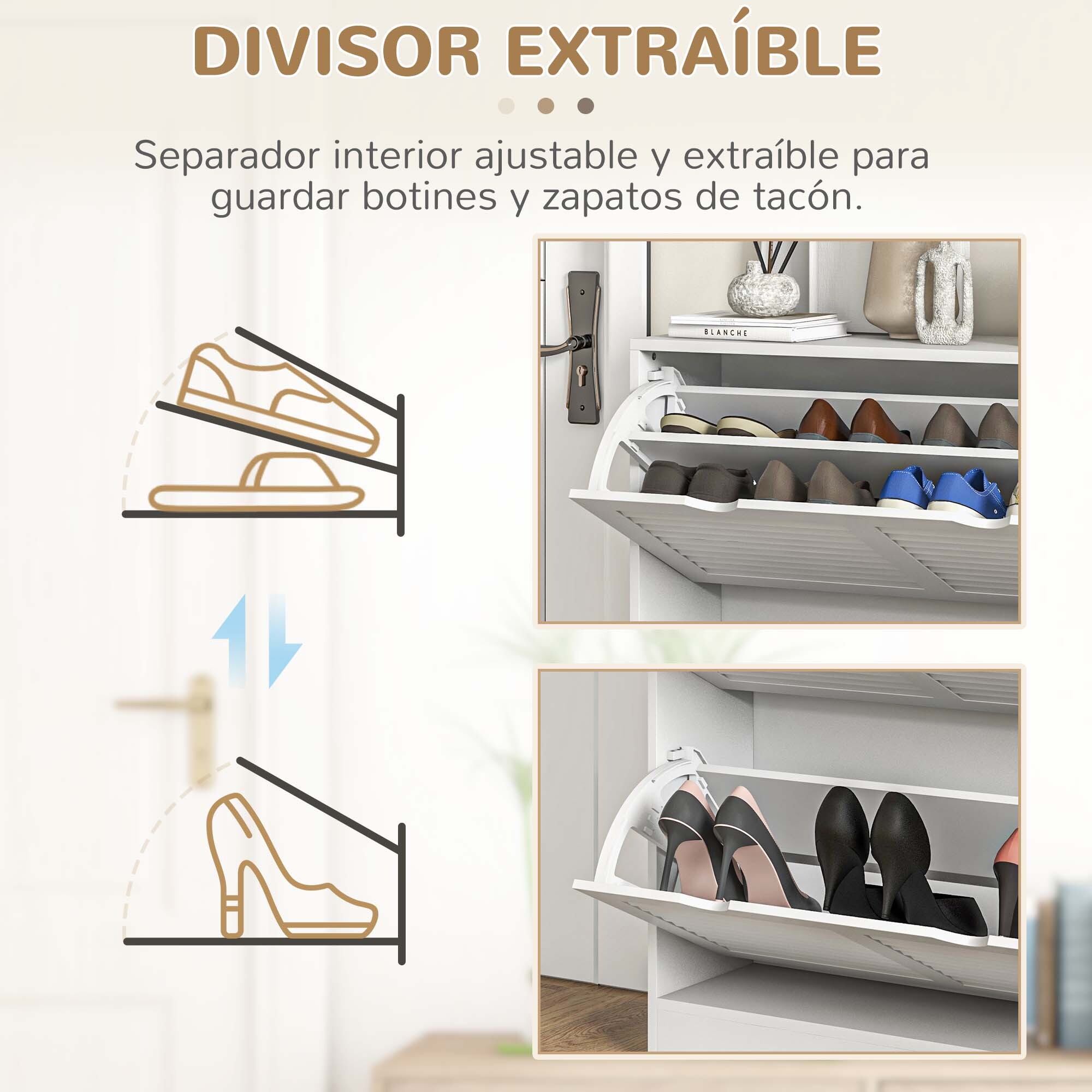 Zapatero Moderno Zapatero de Entrada Recibidor con 2 Cajones Abatibles y Estantes Ajustables para 16 Pares de Zapatos Zapatero Estrecho para Pasillo 81,5x25x83 cm Blanco