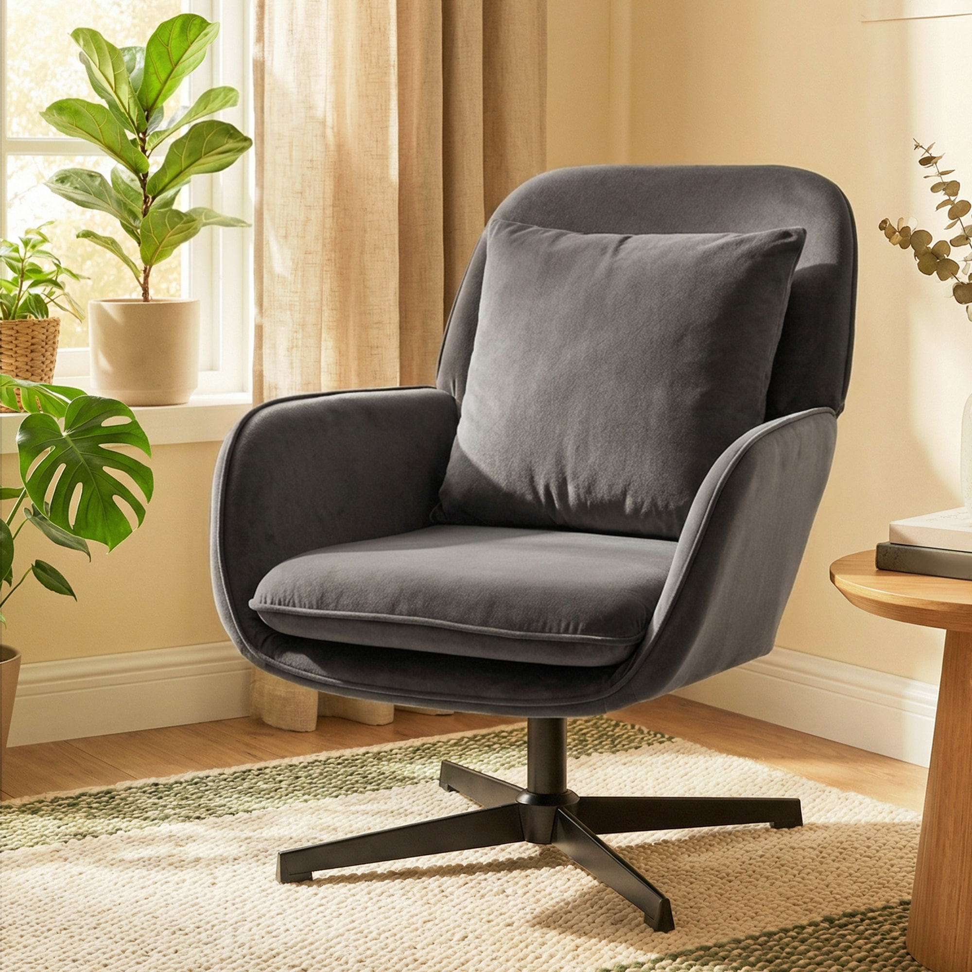 Fauteuil lounge design pivotant acier noir velours anthracite
