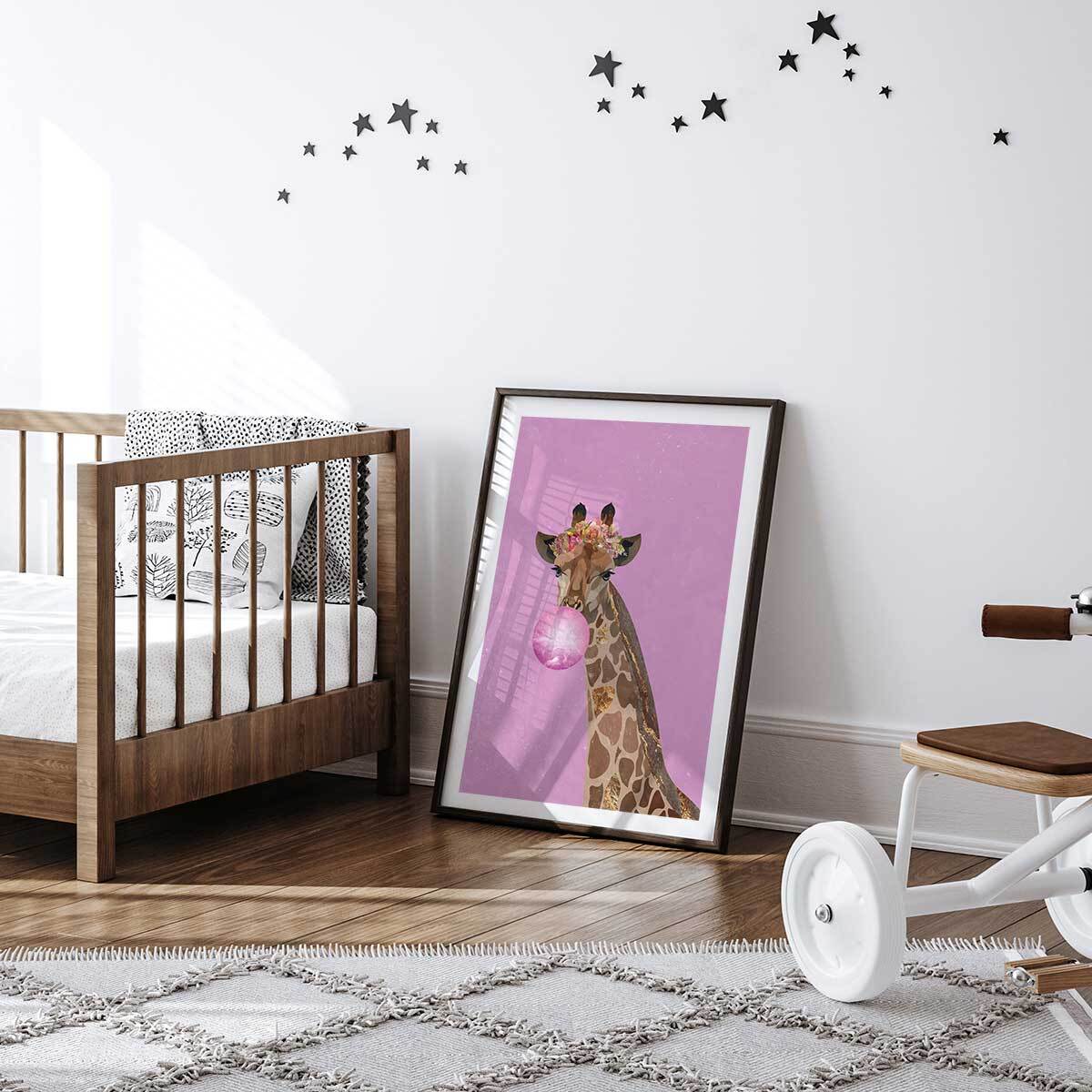 Affiche enfant girafe rose Affiche + cadre en bois - Noir