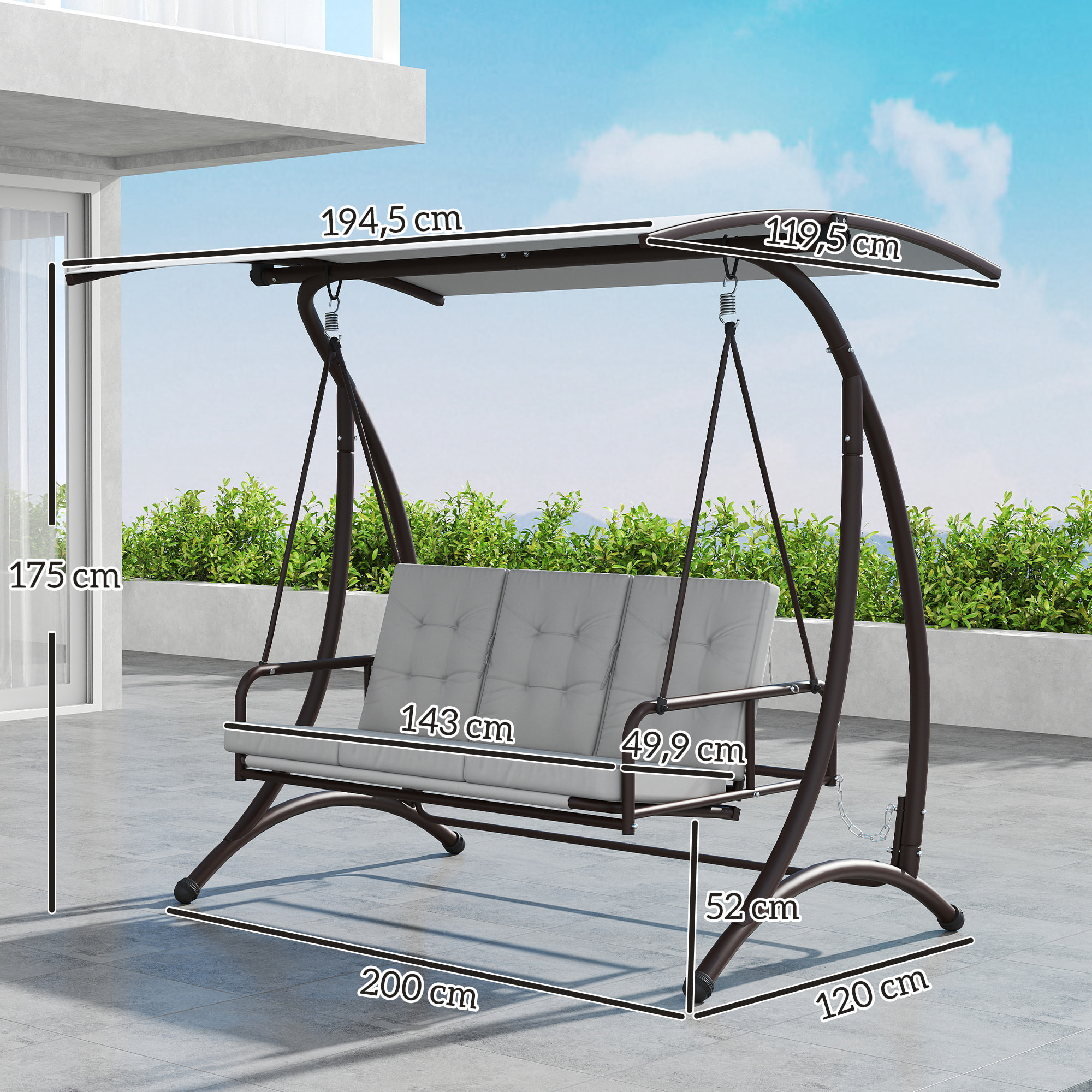 Columpio de Jardín Exterior de 3 Plazas Balancín de Jardín Exterior Convertible en Cama con Toldo Ajustable Protección UPF30+ y Cojines Carga 330 kg 200x120x175 cm Gris Claro