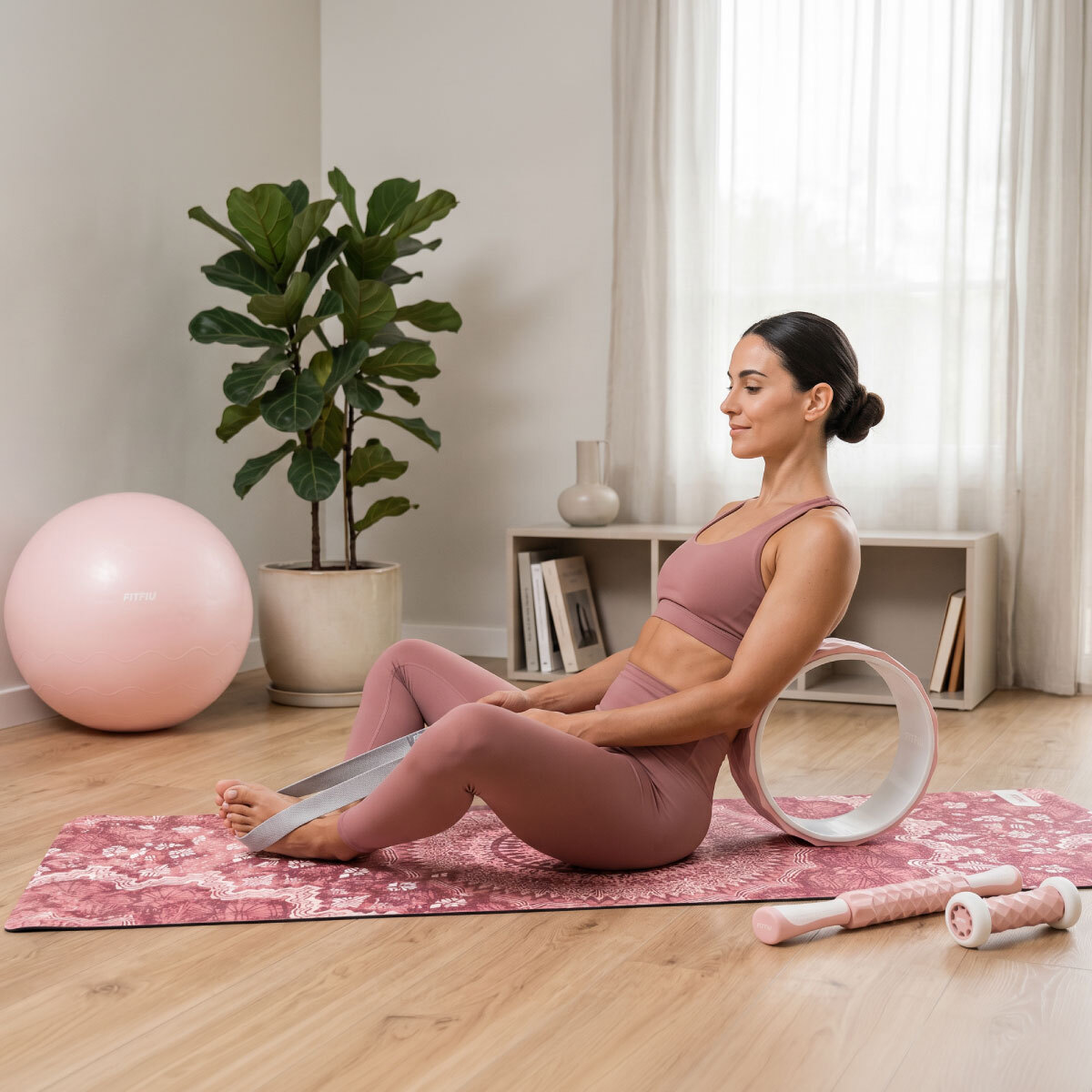 Kit de yoga et Pilates ROSE 6 accessoires avec tapis, ballon, roue, masseurs et sangle