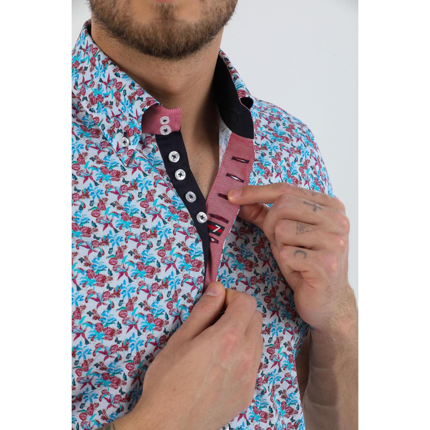 Camicia Uomo Manica Corta 2 Bottoni Button Down 7 Botto Popeline Stampato Celeste e Rosso