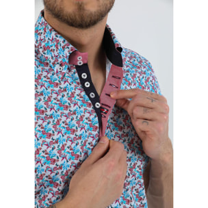 Camicia Uomo Manica Corta 2 Bottoni Button Down 7 Botto Popeline Stampato Celeste e Rosso