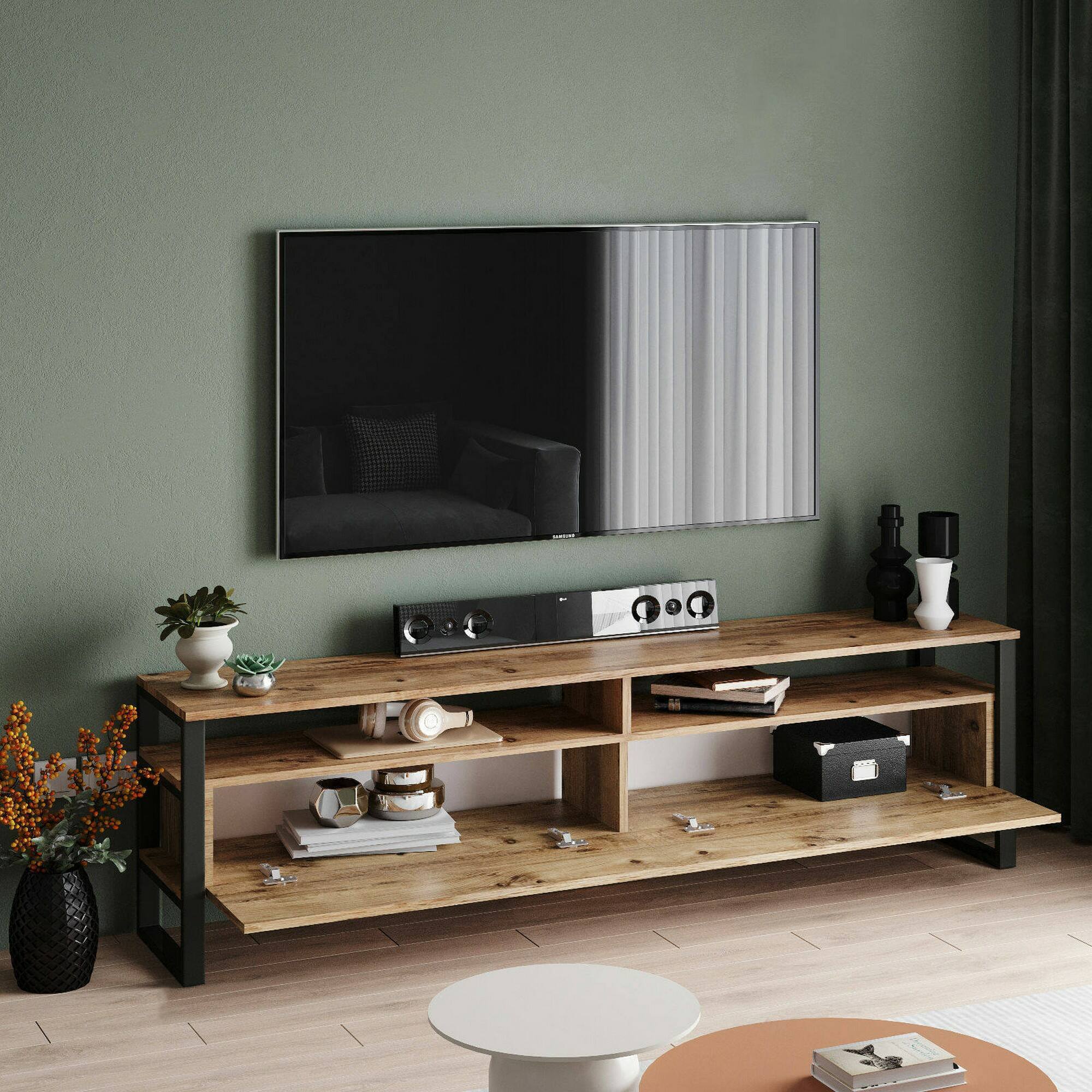 Mobile porta TV Khartum, Credenza da soggiorno, Armadio basso per TV, Base parete attrezzata, 180x36h56 cm, Quercia