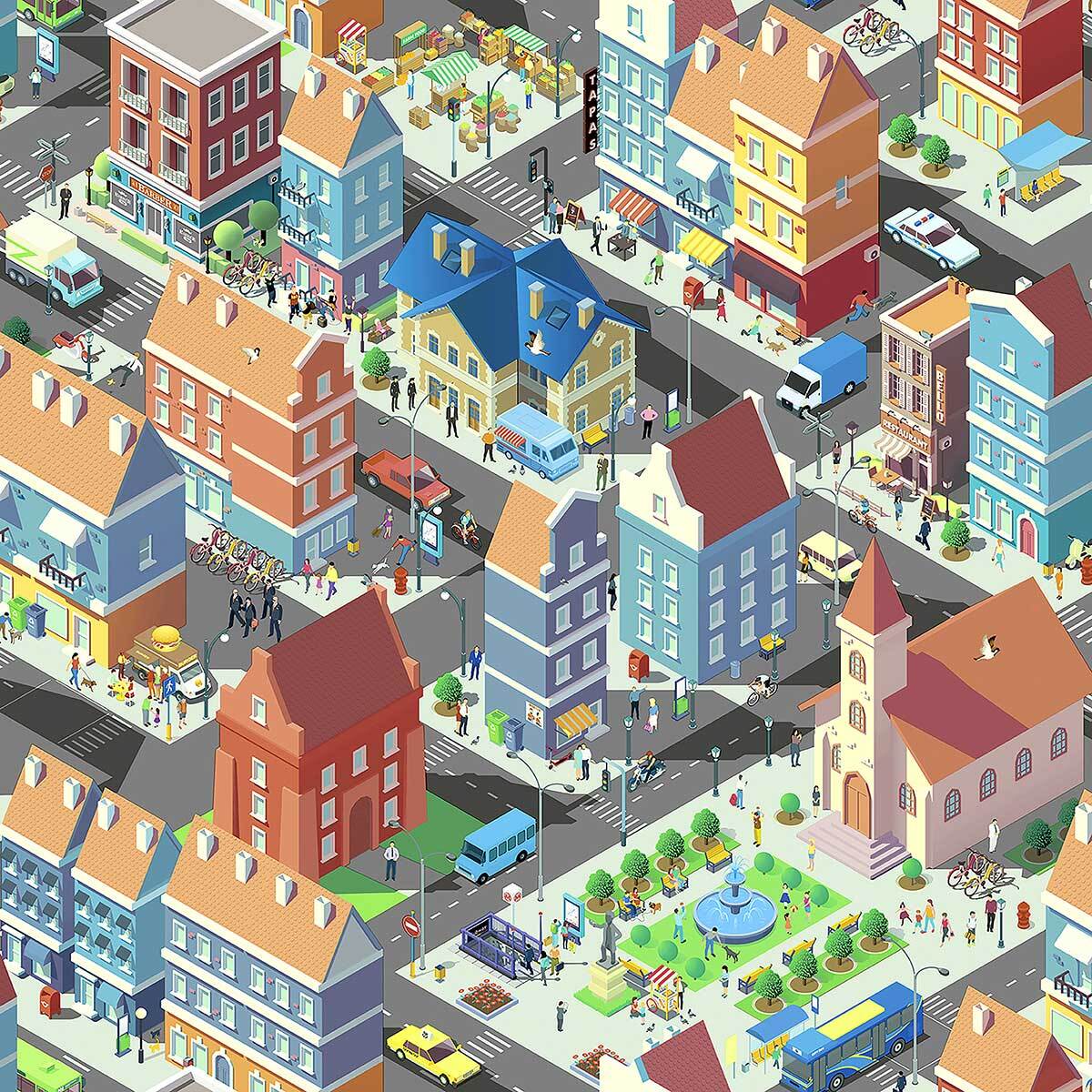 Papier peint enfant ville isométrique colorée