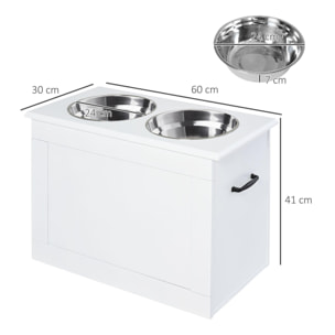 Comedero Elevado para Perros Cuencos para Perros con 2 Tazones de Acero Inoxidable y Espacio de Almacenaje Oculto 60x30x41 cm Blanco