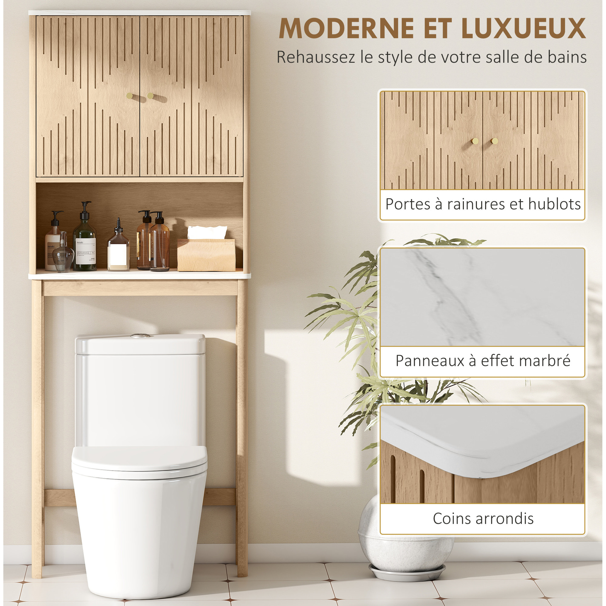 Meuble WC dessus de toilette style bois naturel effet marbre blanc 2 portes étagère niche