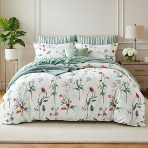 Parure housse de couette 100% percale de coton motif floral - vert
