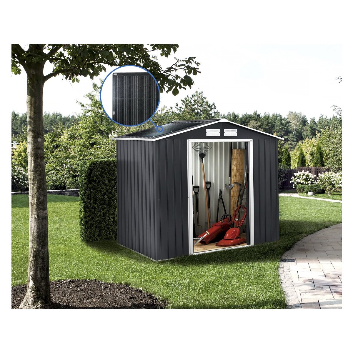 Abri de jardin métal - "Vegas" - 5.29 m² avec panneaux solaires - Gris