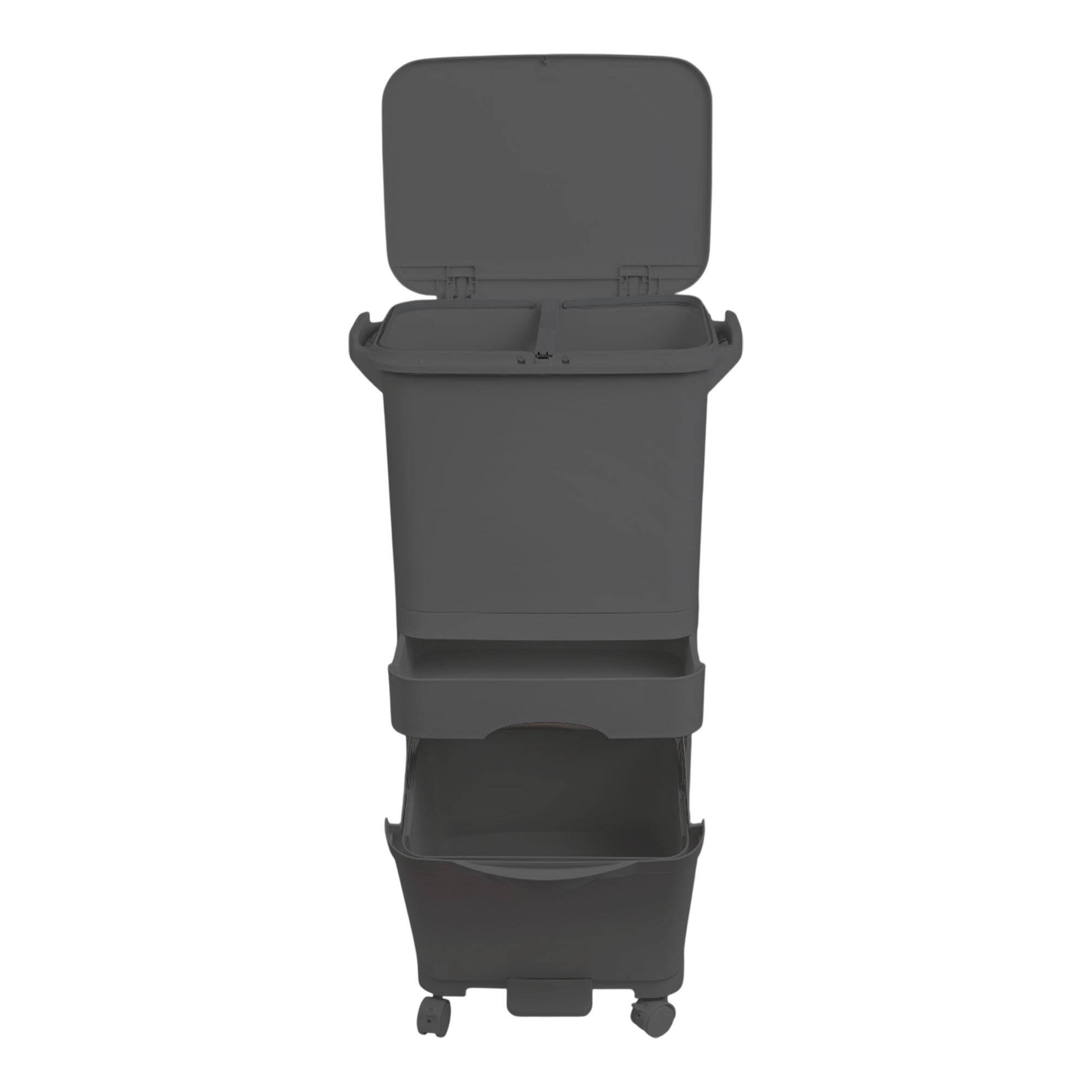 Papelera de reciclaje de clasificación selectiva con pedal, ruedas y asa de triple compartimento color negro antracita de 42l (24l + 4l + 14l)