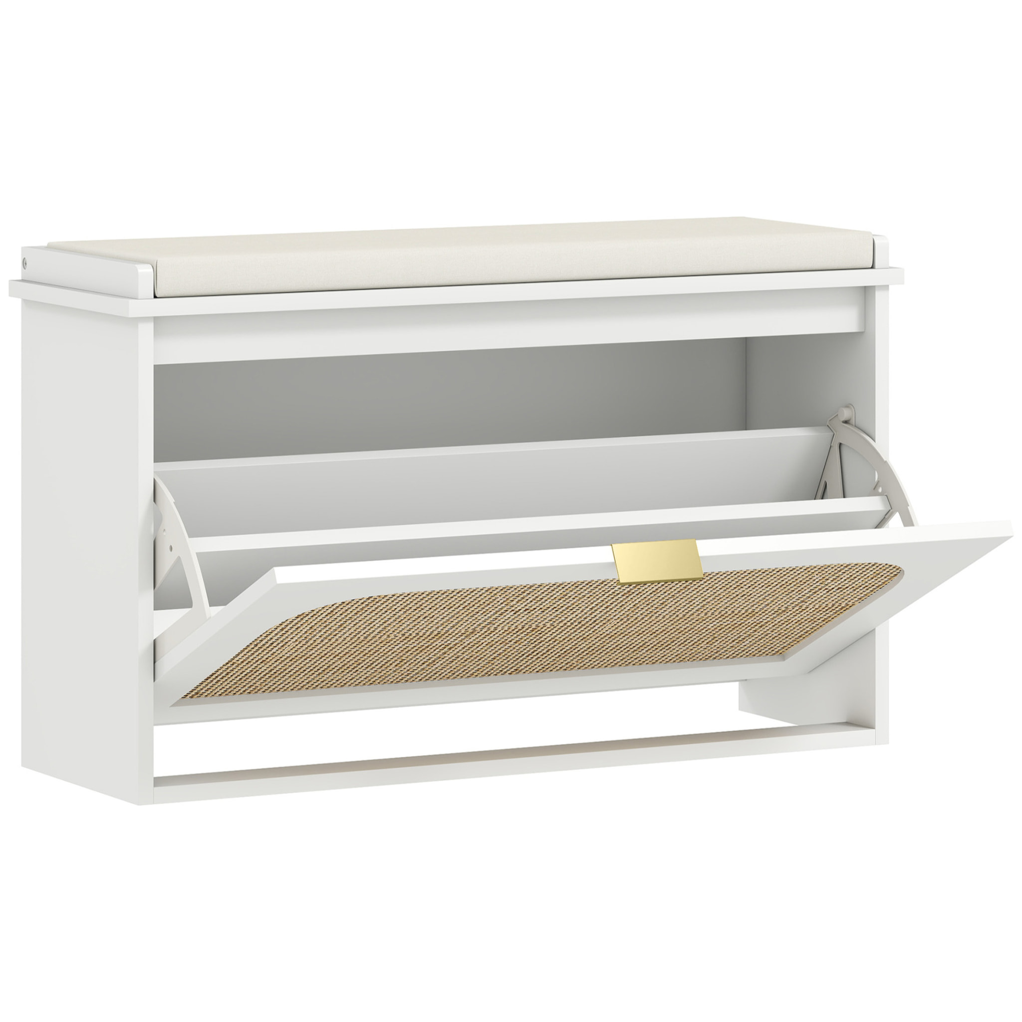 Banc à chaussures style bohème porte façade rotin poignée dorée coussin intégré blanc