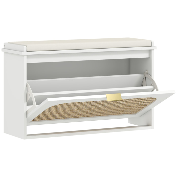 Banc à chaussures style bohème porte façade rotin poignée dorée coussin intégré blanc