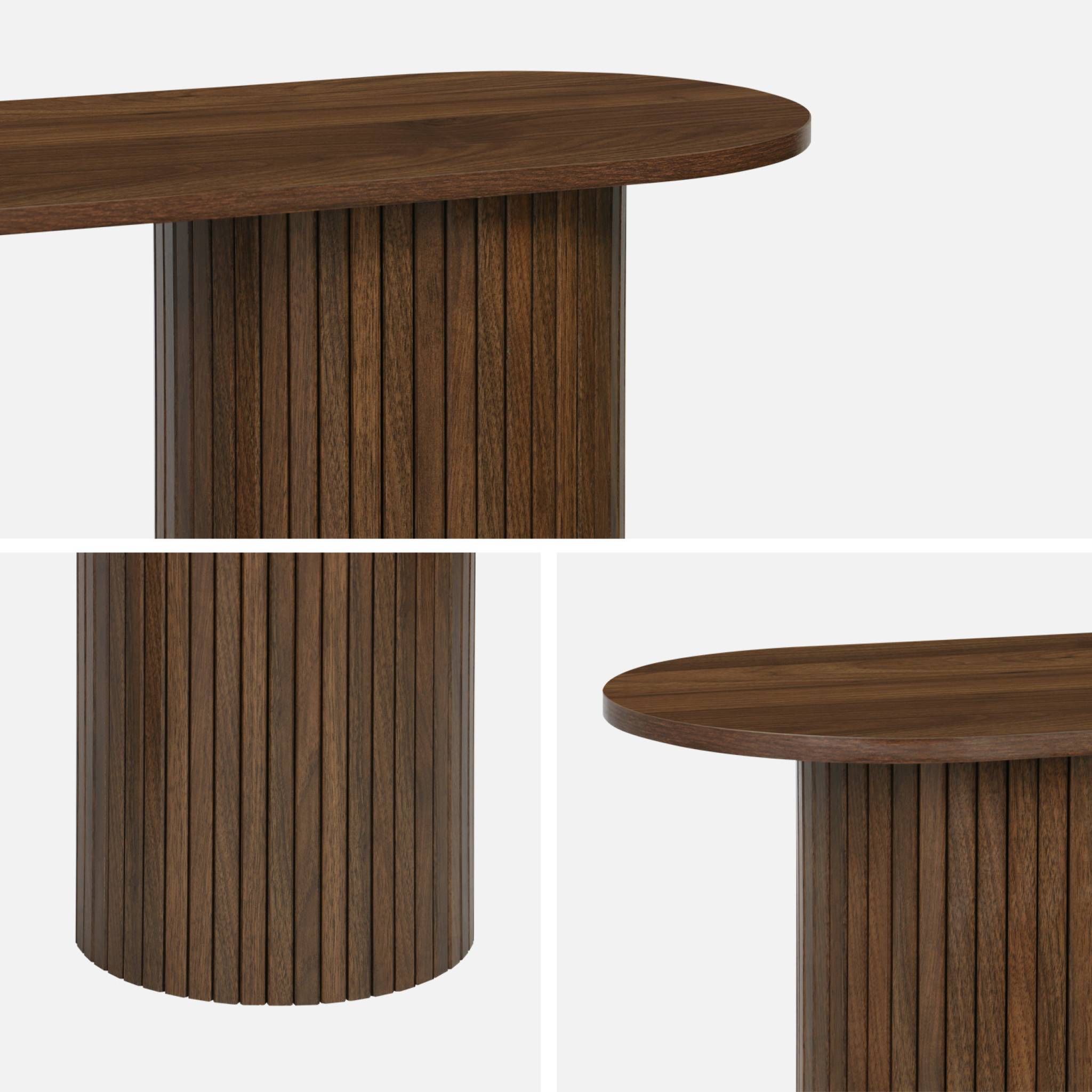 Console ovale scandinave décor bois rainuré. pieds ronds. couleur noyer. L 120 x P 35 x H 75cm