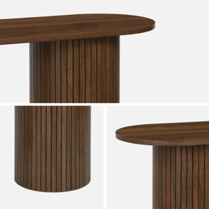 Console ovale scandinave décor bois rainuré. pieds ronds. couleur noyer. L 120 x P 35 x H 75cm