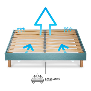 Sommier Lumière Technologie Tri-Lattes, tissu vert d’eau, Bois Épicéa, H30 cm, Lattes Actives, Aération Optimale