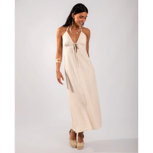 Vestido midi de punto con escote pico y cuello halter