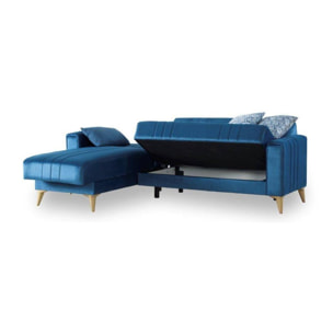 Divano letto Miguel, Divano letto contenitore ad angolo con 3 cuscini inclusi, Sofàin tessuto imbottito con apertura click-clack, con penisola reversibile, 225x151h84 cm, Blu