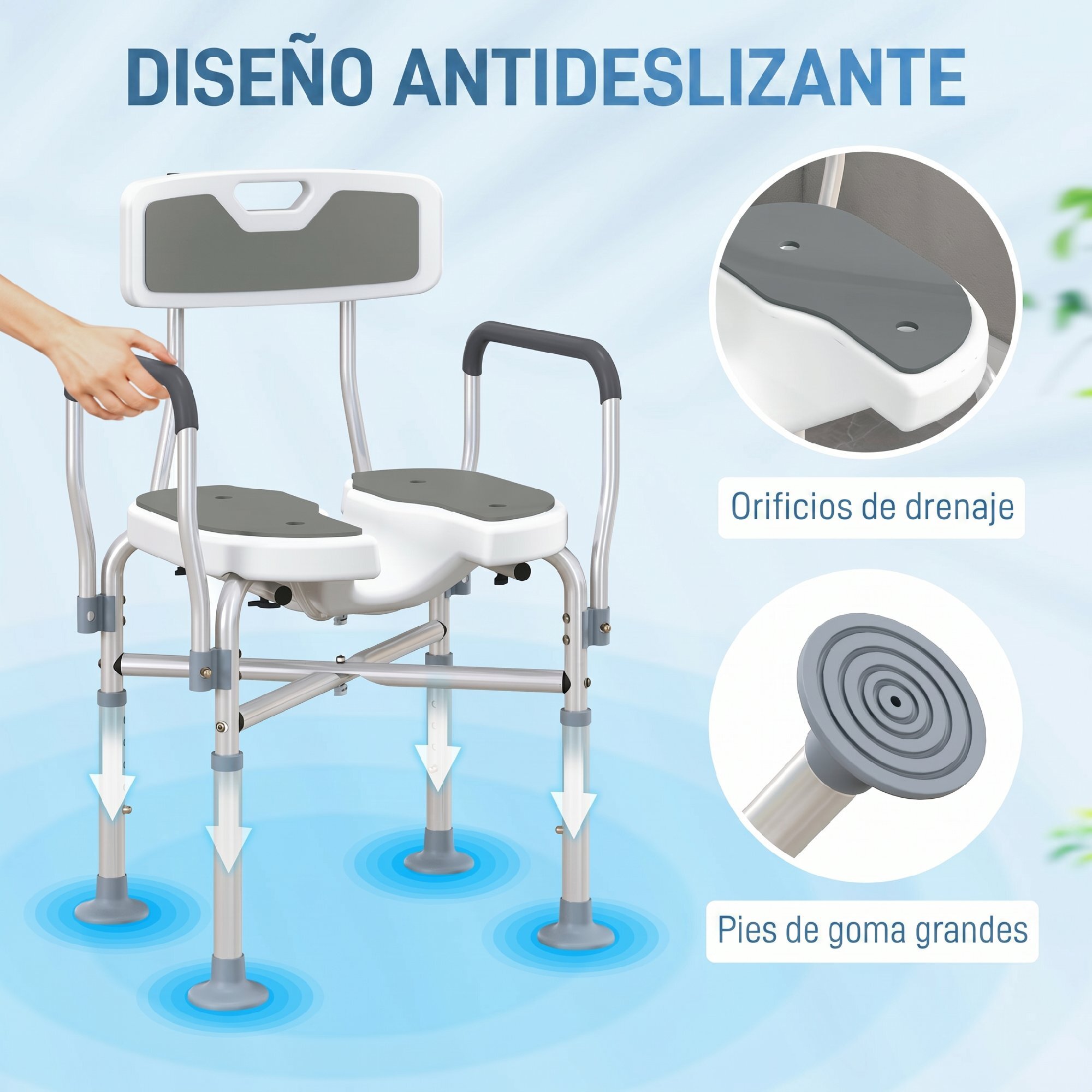 Silla Ducha Personas Mayores, Silla de Ducha con Asiento Ranurado, Altura Regulable, Taburete de Baño Antideslizante con Respaldo y Reposabrazos, Carga 136 kg, para Discapacitados, Gris