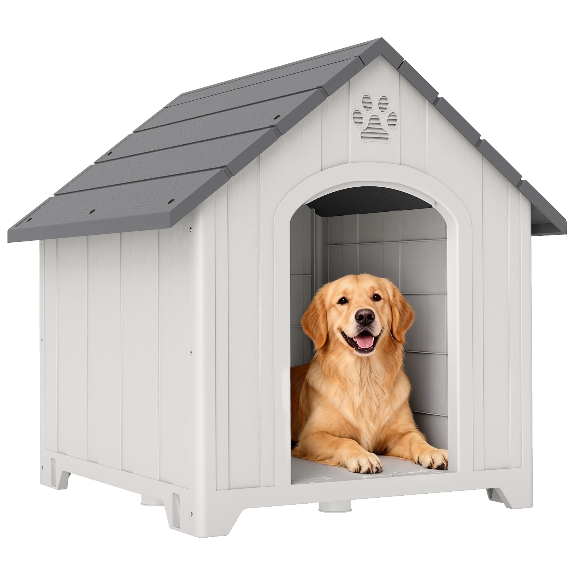 Caseta para Perros Exterior, Casa para Perros Grandes de Plástico Impermeable con 2 Ventanas, Base Elevada, Estacas, Fácil de Montar, 88x79x89 cm, Gris