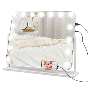 Miroir maquillage Hollywood lumineux LED intensité réglable grossissant rotatif charge USB support blanc