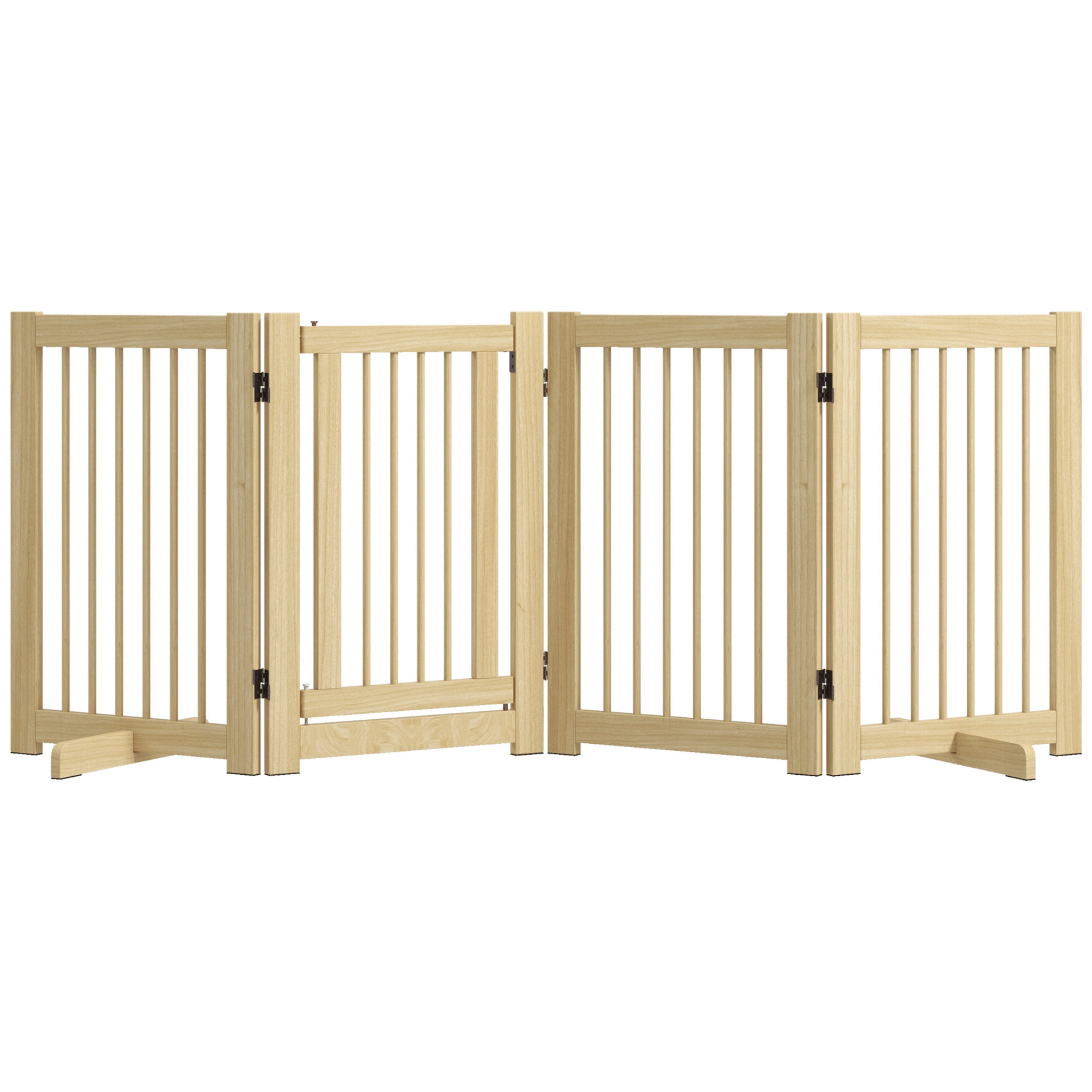 Barrera de Seguridad para Perros de Madera Plegable, para Escaleras y Puertas, Valla para Perros Pequeños y Medianos de 4 Paneles, con Soporte de Pie, para Interiores, 204x36x75 cm, Natural