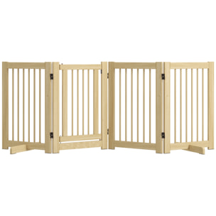 Barrera de Seguridad para Perros de Madera Plegable, para Escaleras y Puertas, Valla para Perros Pequeños y Medianos de 4 Paneles, con Soporte de Pie, para Interiores, 204x36x75 cm, Natural