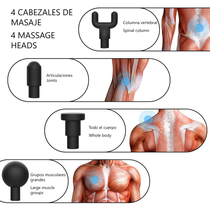 Pistola de masaje muscular Fascia Gun TY602. 6 niveles con velocidad hasta 3200 rpm. 4 cabezales.