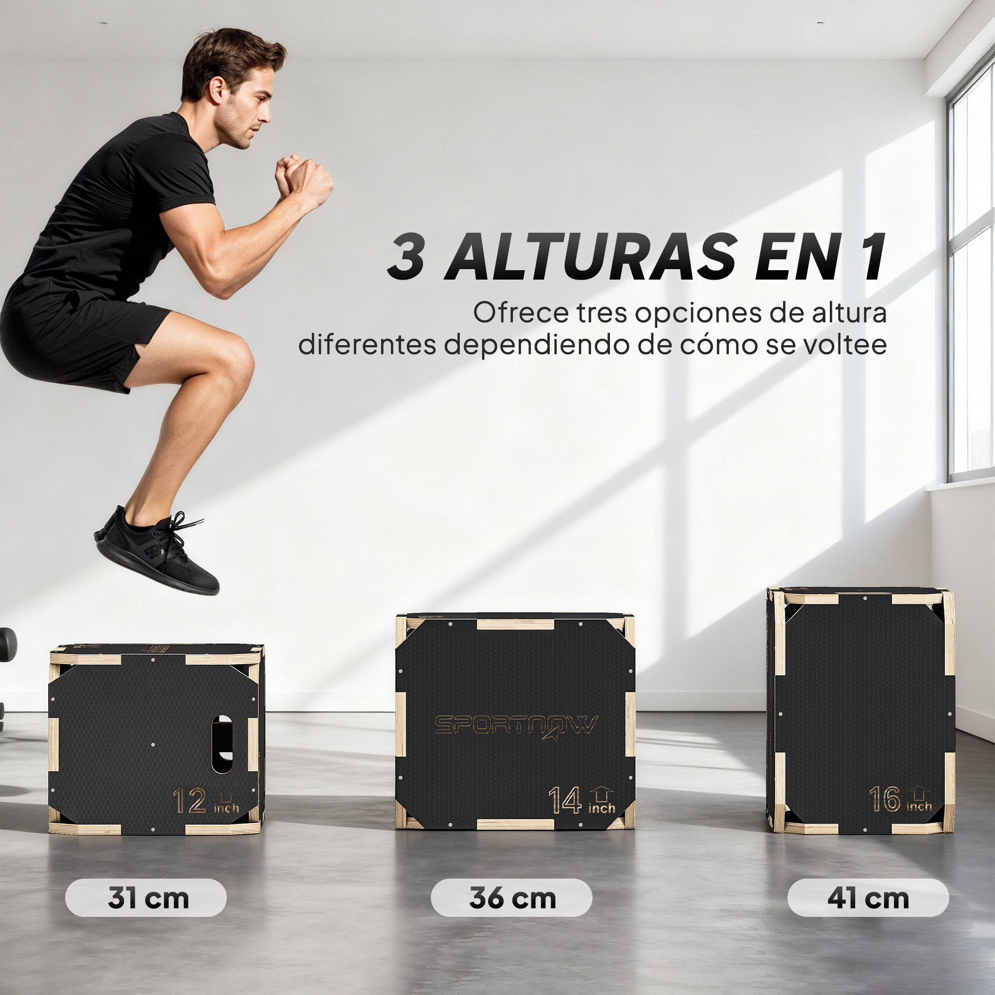 Cajón Pliométrico de Madera 3 en 1, Plataforma de Caja Pliométrica con 3 Alturas Ajustables 41/36/31 cm, Asas, sin Esquinas, Entrenamiento de Salto, Fuerza, para Casa, Gimnasio y Exterior