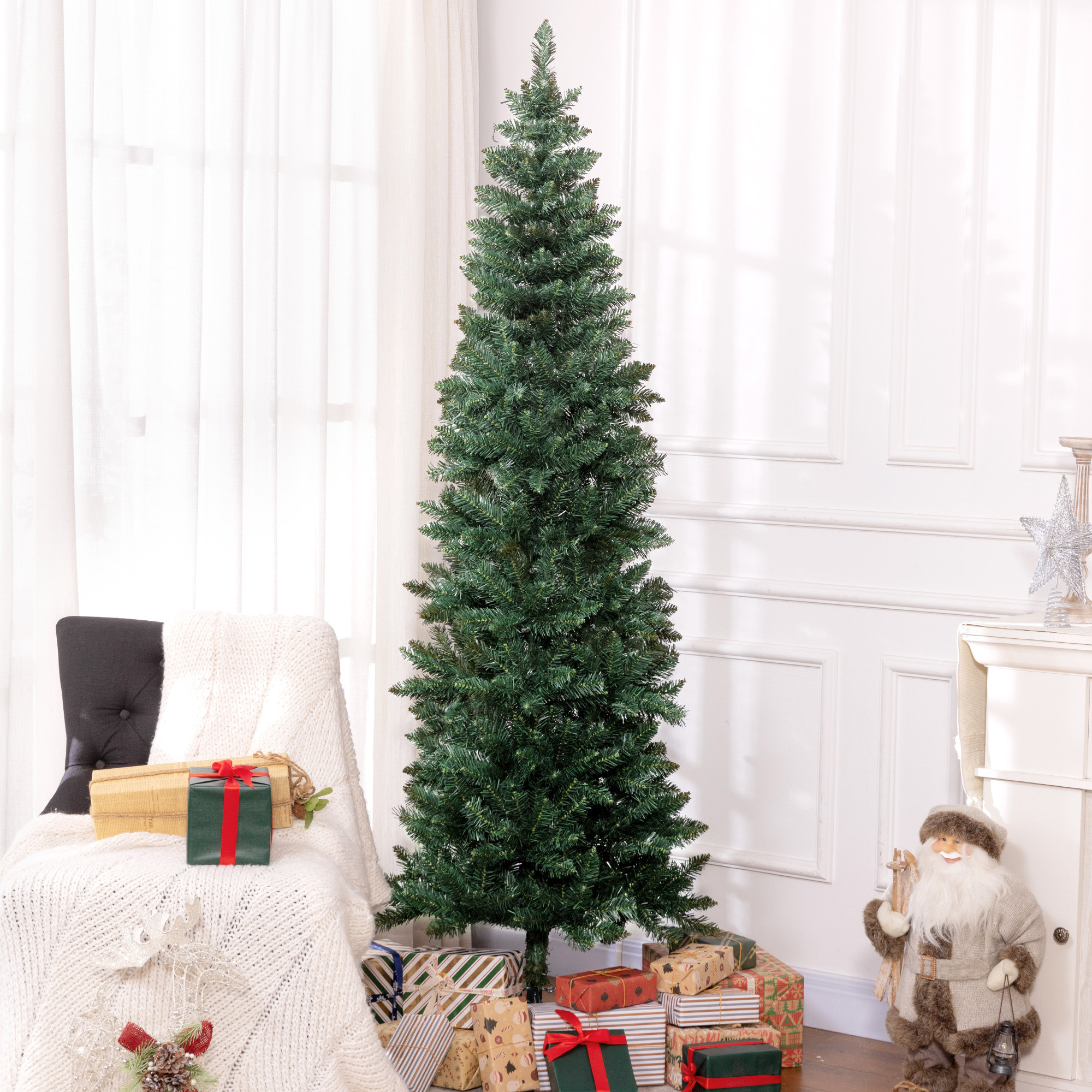 Árbol de Navidad Estrecho 210 cm Árbol de Navidad Tipo Lápiz con Base Plegable y 687 Ramas para Dormitorio Oficina Verde