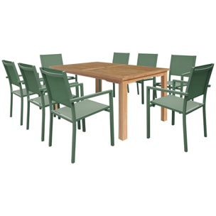 Salon de jardin en teck JAVA avec chaises en aluminium vert sauge - 8 places