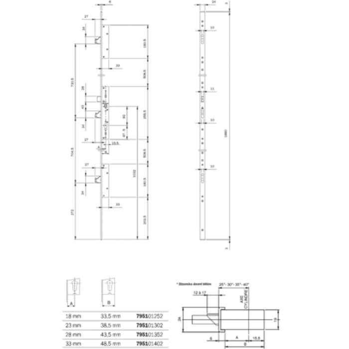 Serrure 3 points Multiblindo Inox ISEO pêne réversible - Têtiere U 1860x24x6 - Axe 25 - 795101252