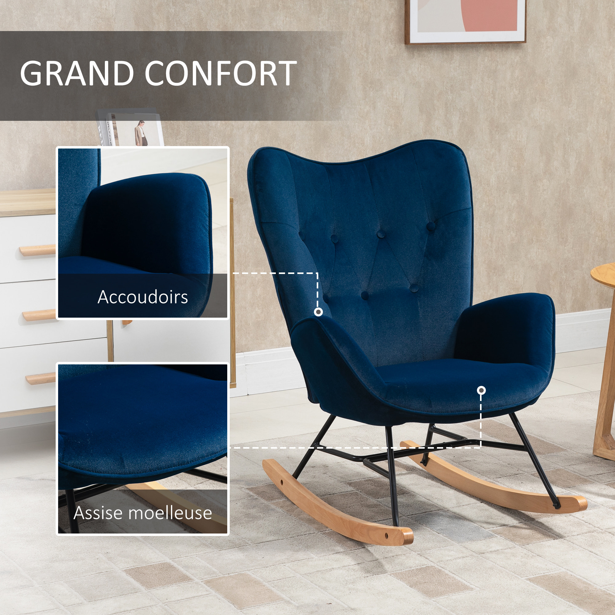 Fauteuil à bascule oreilles rocking chair grand confort accoudoirs assise dossier garnissage mousse haute densité aspect velours bleu