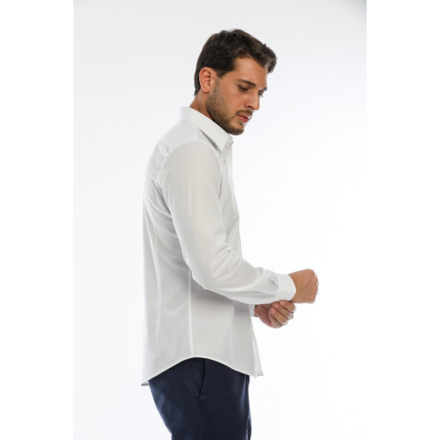 Camicia Uomo 1 Bottone Italiano Slim Popeline Stretch Unito Bianco