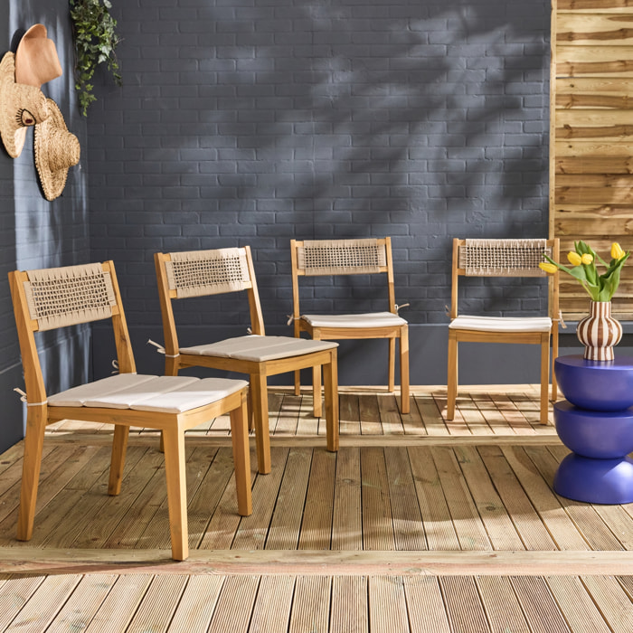 Lot de 4 chaises de jardin beige GALENA bois d'acacia avec coussin et corde. 52 x 55 x 81 cm