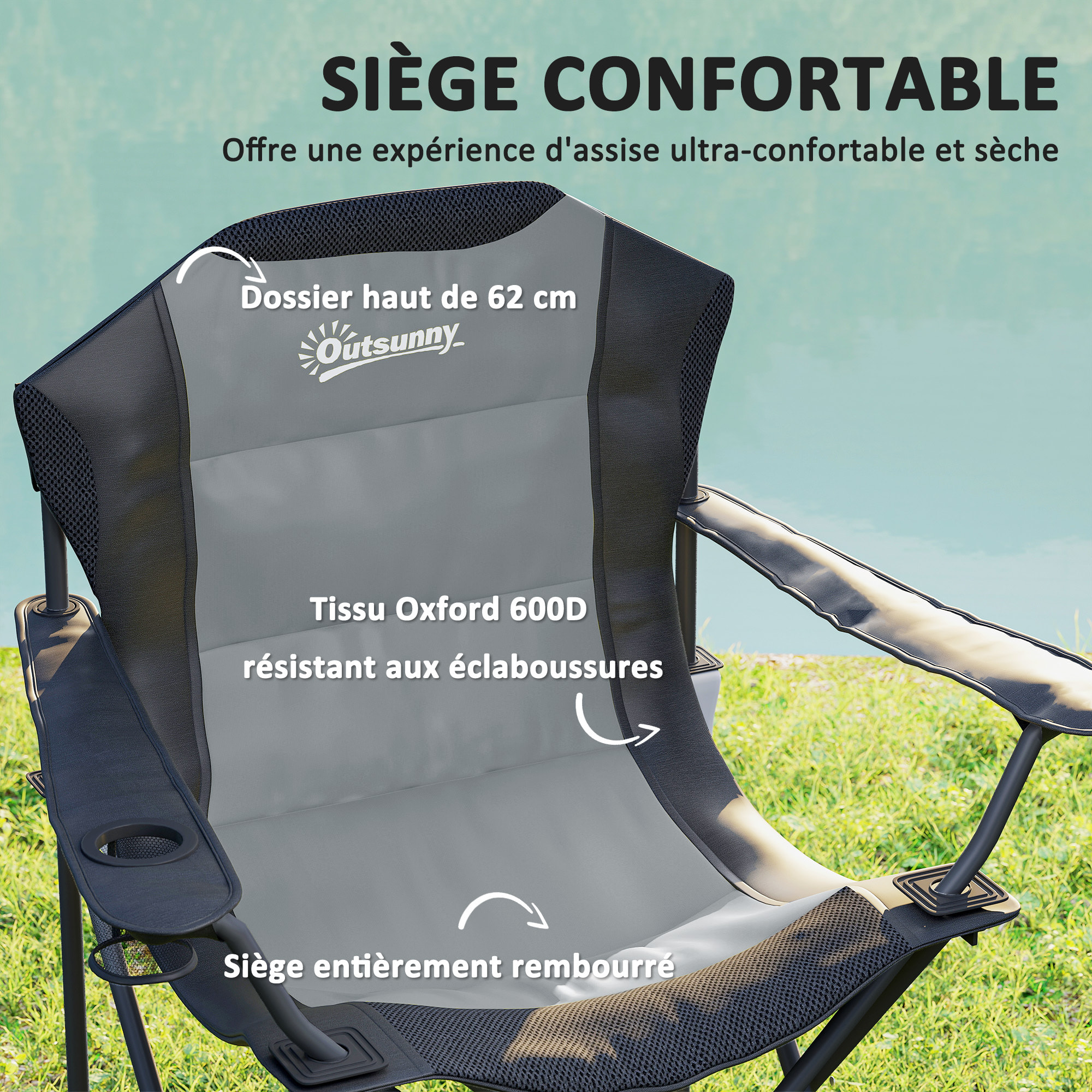 Lot de 2 chaises pliantes rembourrées de camping - porte-gobelet - gris