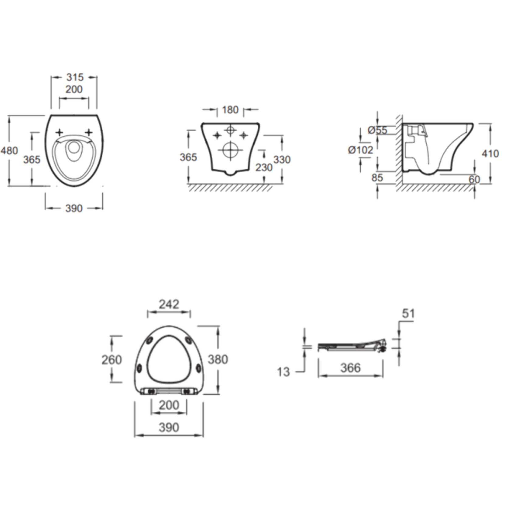 Cuvette WC suspendu sans bride compact Nouvelle Vague avec abattant frein de chute extra-plat déclipsable