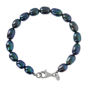 PERLAVIVA - Bracciale in Argento 925 placcato Oro Bianco 18Kt con Perle d'Acqua Dolce Blu Ø 7/7.5 mm