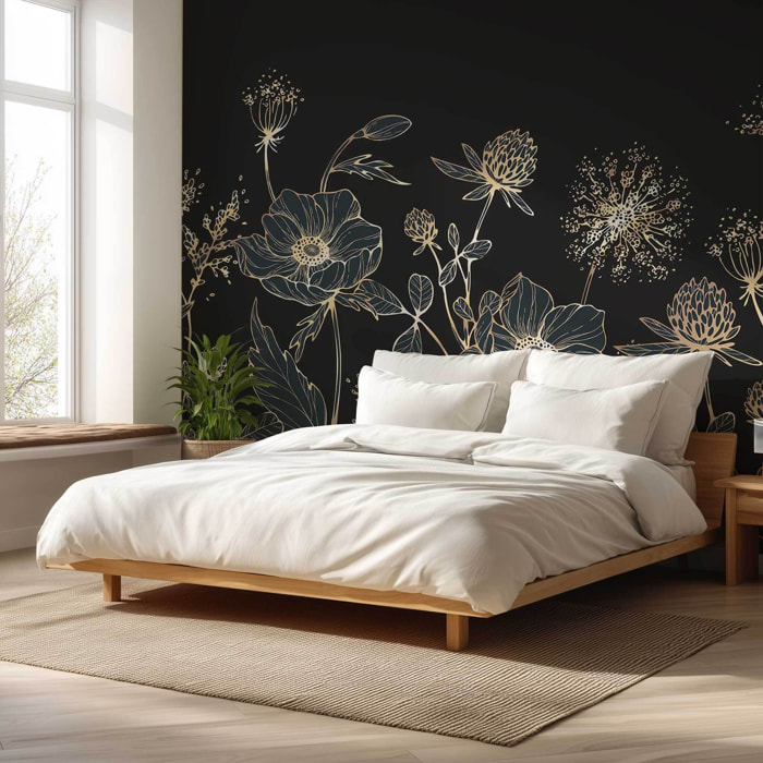 Papier peint fleurs sauvages dorées fond bleu nuit élégant Intissé