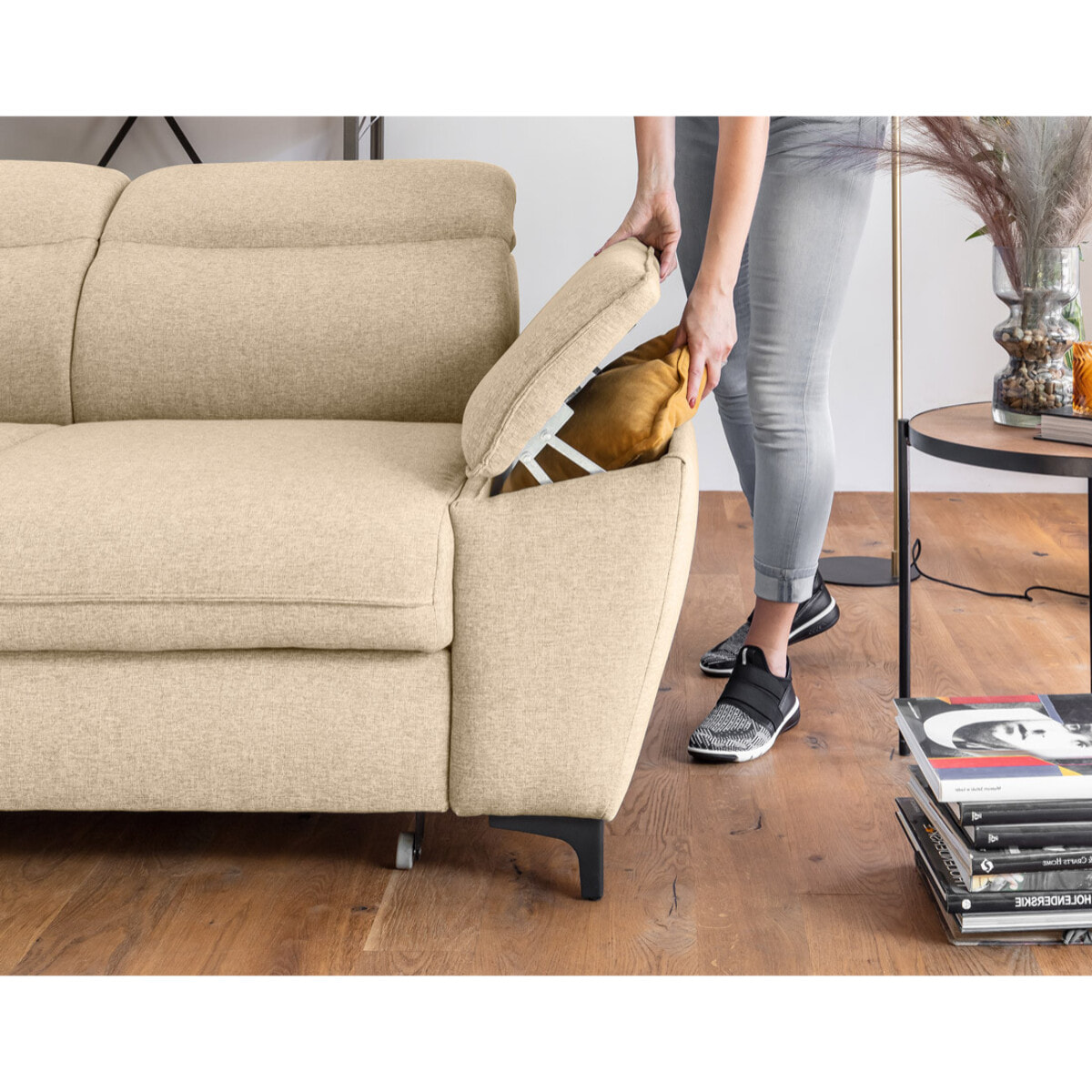 Clever - canapé d'angle gauche - 5 places - convertible avec coffre et têtières - en tissu - Beige