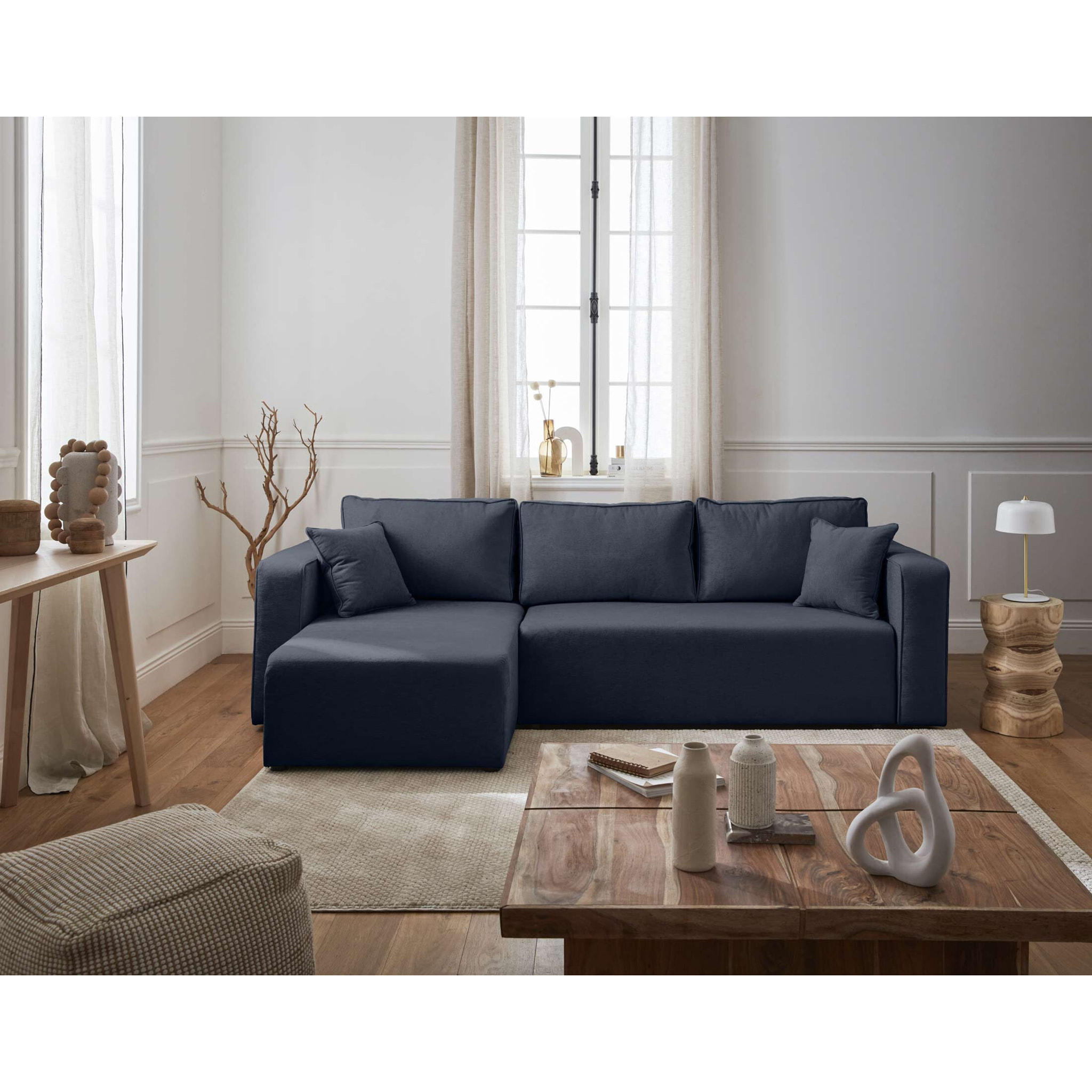 Topaze - canapé d'angle réversible - 4 places - convertible avec coffre - en tissu - Bleu