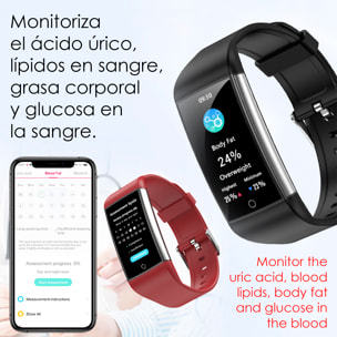 DAM Brazalete inteligente TK76. Terapia de moxibustión magnética. Monitor de ácido úrico, lípidos en sangre, grasa corporal, glucosa en sangre. 4,3x1,1x2,7 Cm. Color: Rojo