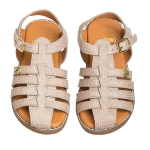 Sandalia cangrejera estampada con brillo confeccionada 100% piel color oro rosa