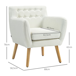 Sillón de Salón Moderno Butaca para Dormitorio con Reposabrazos y Patas de Madera Sofá Individual Carga 125 kg para Oficina Sala de Estar Crema