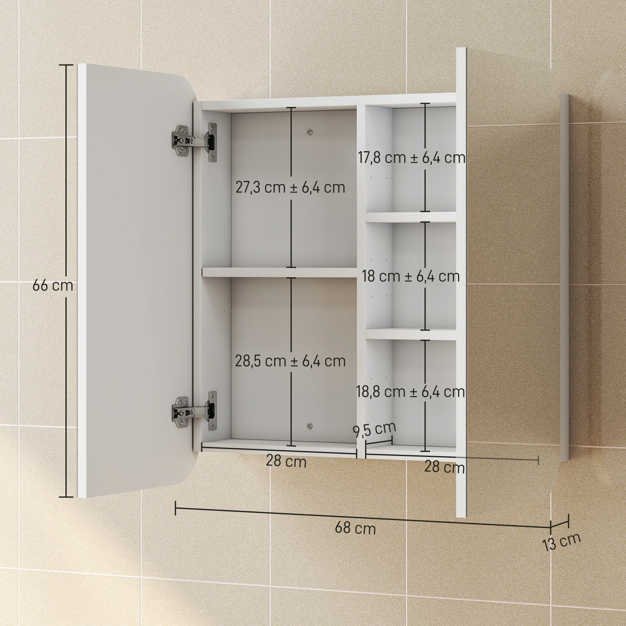Armario de Baño con Espejo, Diseño con Bordes Curvados, Armario de Pared, Mueble de Baño Colgar, 2 Puertas, Estantes Ajustables, 68x13x66 cm, Blanco