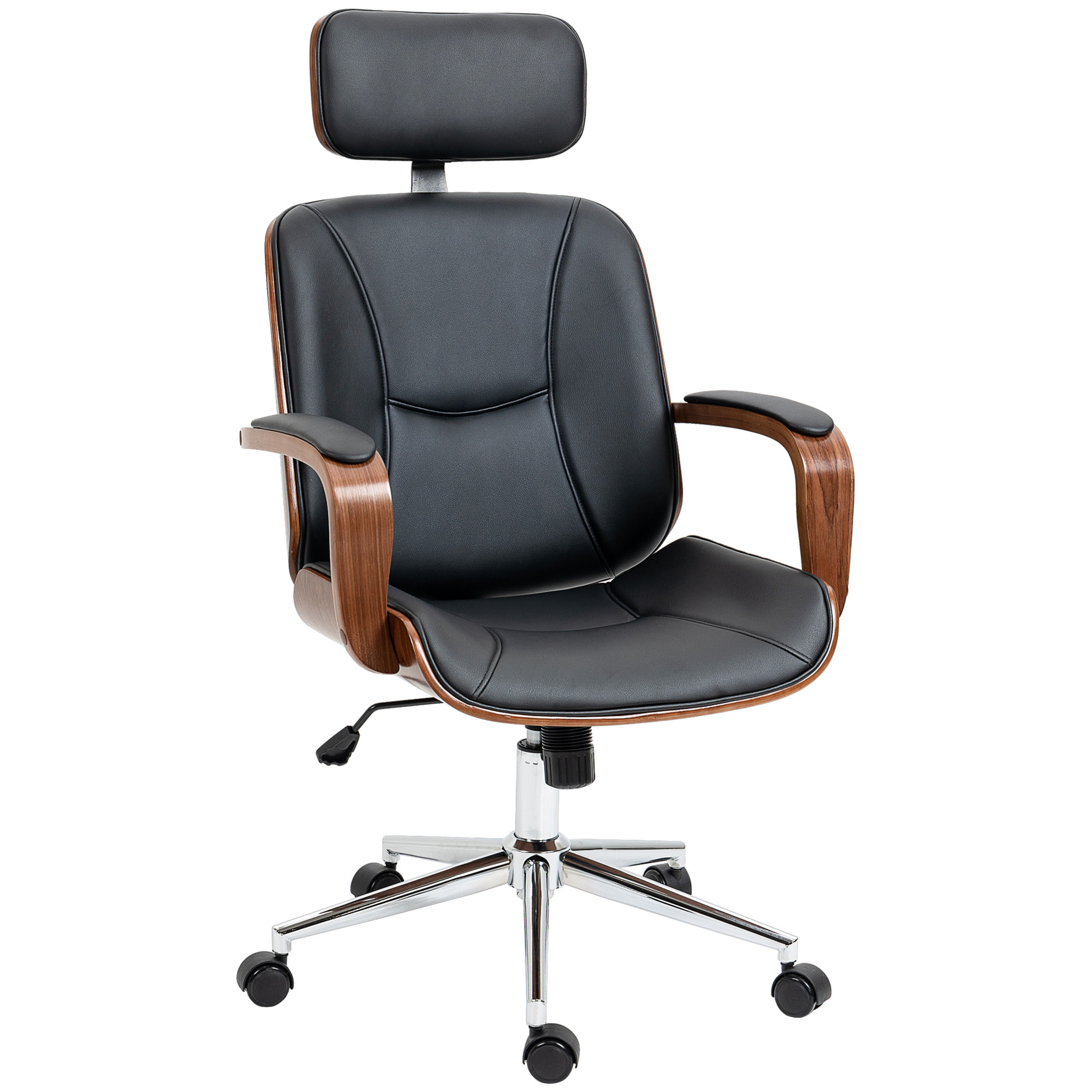 Silla de Oficina Ergonómica Silla de Escritorio Giratoria de Cuero PU con Reposacabezas Extraíble Altura Ajustable y Función de Inclinación 63x62x110-120 cm Negro