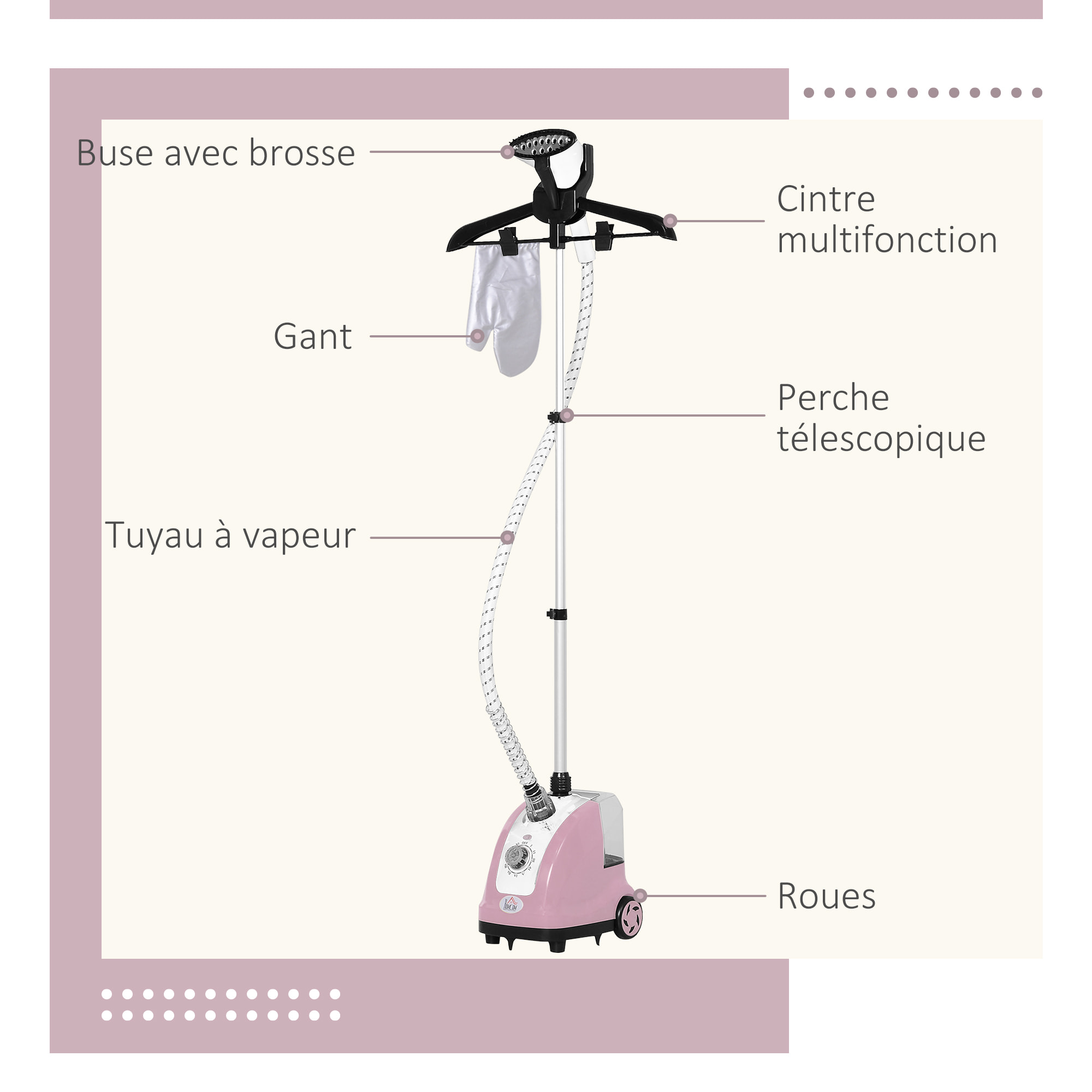 Défroisseur vapeur vertical défroisseur à vêtements 1,4L 1950W débit vapeur 32g/min tige telescopique rose noir