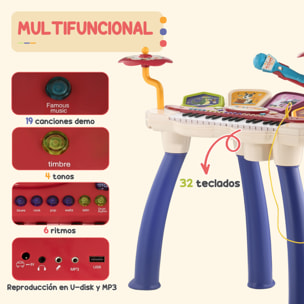 Piano Electrónico Infantil de 32 Teclas Juego de Piano 2 en 1 con Batería Micrófono Taburete Luces 19 Canciones 4 Sonidos y Volumen Ajustable 74x32,2x71 cm Multicolor