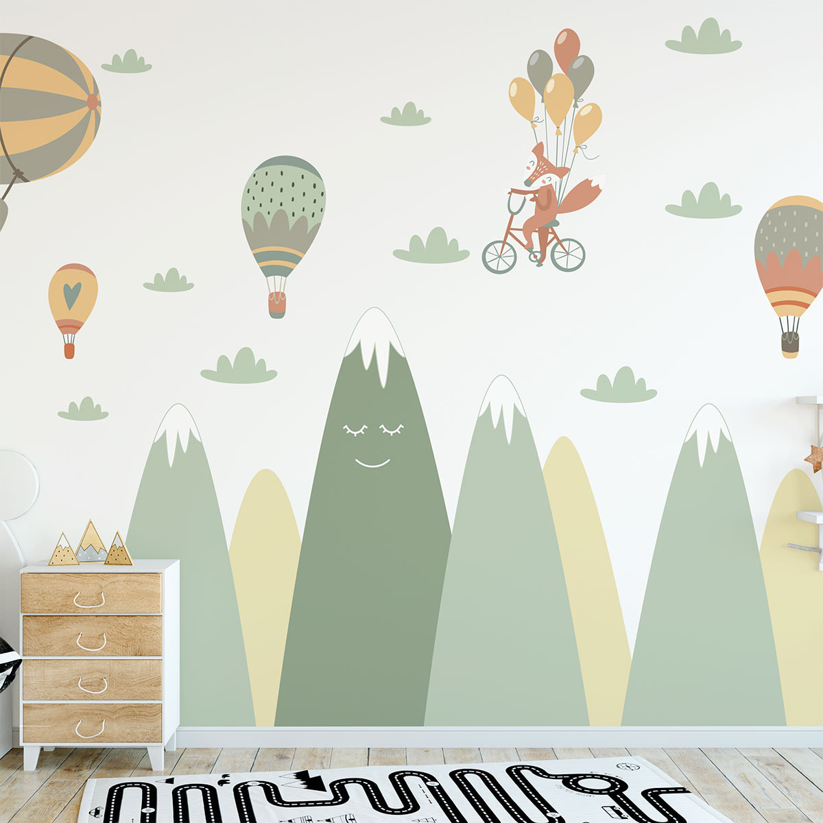 Stickers muraux enfants - Décoration chambre bébé - Autocollant Sticker mural géant enfant montagnes scandinaves ANIMAUX DANS LE CIEL