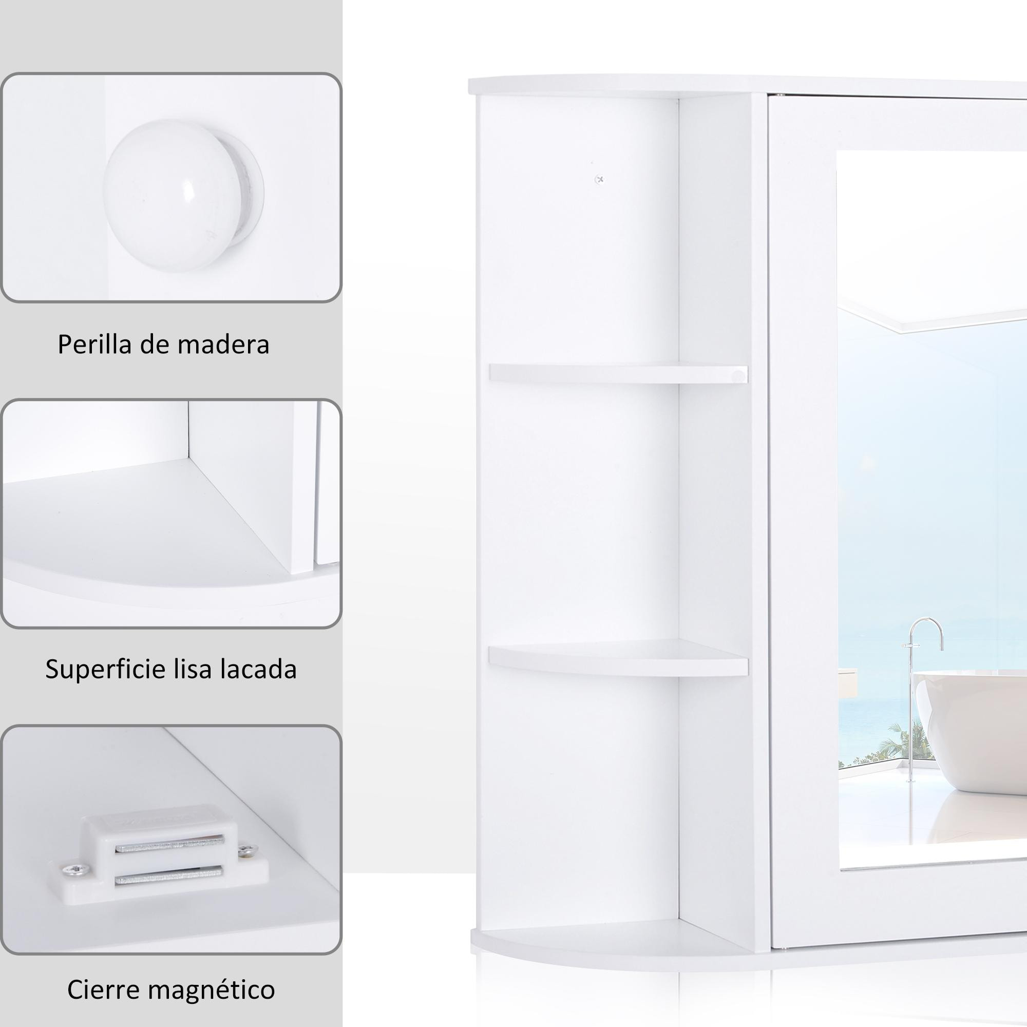 HOMCOM Armario de Baño con Espejo Mueble Colgante de Aseo con 1 Puerta 2 Estantes Interiores y 6 Estantes Laterales para Salón Cocina Dormitorio 66x17x63 cm Blanco