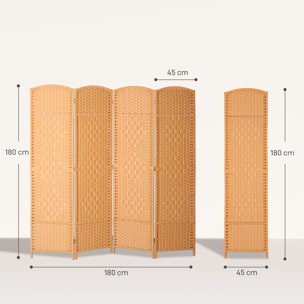 Paravent intérieur en bois 4 panneaux 180 x 180 cm séparateur de pièce pliable bois orangé